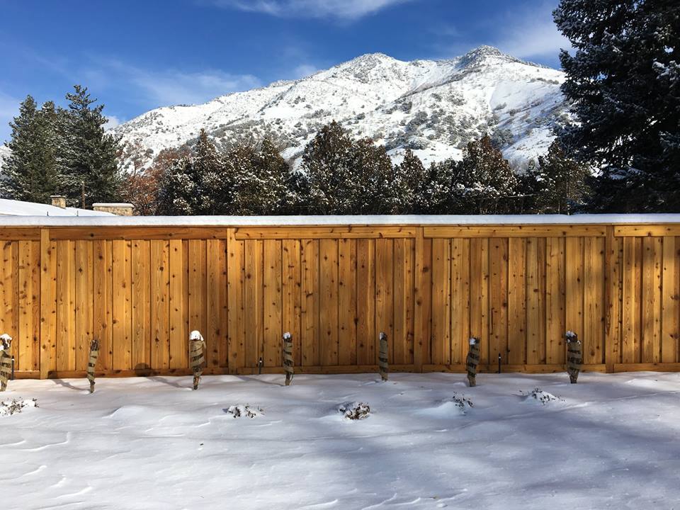 Stained wood privacy fence enclosing a Utah residential yard